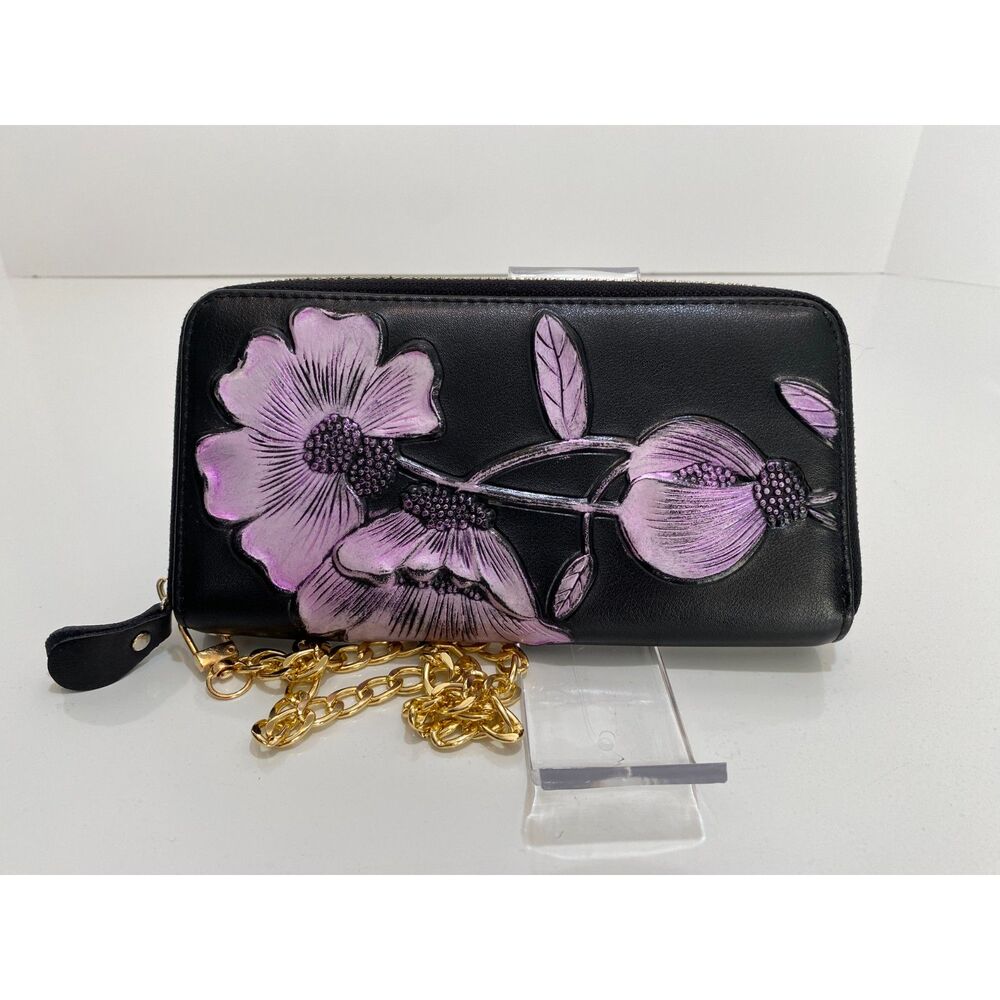 Black with Lavender Flowers Zipper Closure Card Slots Chain Wristlet Wallet